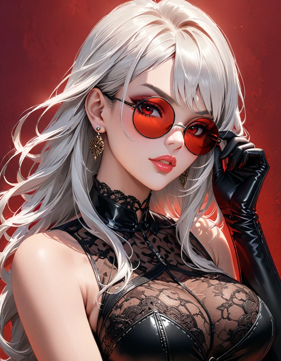 1girl in, adjusting clothes, bad-girl, Black Gloves, cleavage, earrings, Glasses, gloves, Jewelry, Lace, Lace trim, Large breasts, Lips, Long hair, Looking at Viewer, makeup, Parted lips, Red background, Red Eyes, Red lips, Round eyewear, Solo, Sunglasses, tinted eyewear, Upper body, White hair