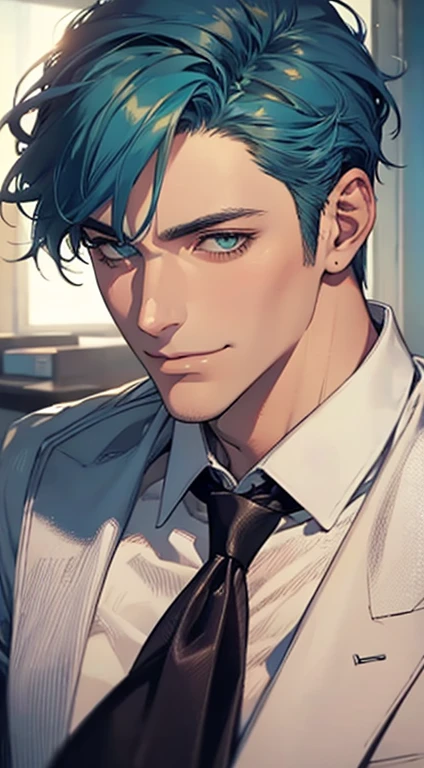(Highest quality,4K,8K,High resolution,masterpiece:1.2),Super detailed,(Realistic,photoRealistic,photo-Realistic:1.37),1 personld,Mature Men,Beautiful skin、very handsome,Expressionless smile in love,Short blue hair,green eyes,Sharp Eyes,A perfect face without a doubt,Businessman, CEO, Office Background,Cinema Lighting,HDR image,tie、