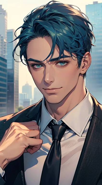 (Highest quality,4K,8K,High resolution,masterpiece:1.2),Super detailed,(Realistic,photoRealistic,photo-Realistic:1.37),1 personld,Mature Men,Beautiful skin、very handsome,Expressionless smile in love,Short blue hair,green eyes,Sharp Eyes,A perfect face without a doubt,Businessman, CEO, Office Background,Cinema Lighting,HDR image,tie、