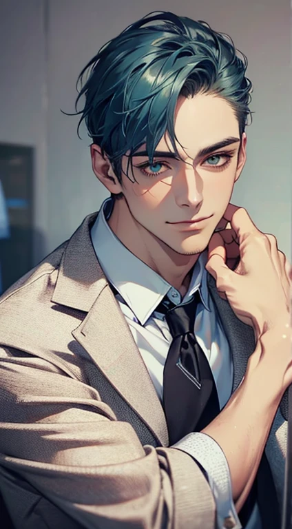 (Highest quality,4K,8K,High resolution,masterpiece:1.2),Super detailed,(Realistic,photoRealistic,photo-Realistic:1.37),1 personld,Mature Men,Beautiful skin、very handsome,Expressionless smile in love,Short blue hair,green eyes,Sharp Eyes,A perfect face without a doubt,Businessman, CEO, Office Background,Cinema Lighting,HDR image,tie、
