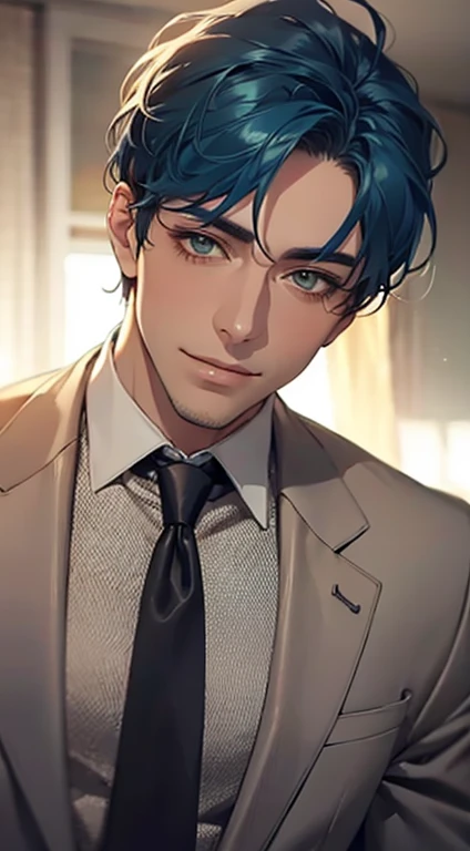 (Highest quality,4K,8K,High resolution,masterpiece:1.2),Super detailed,(Realistic,photoRealistic,photo-Realistic:1.37),1 personld,Mature Men,Beautiful skin、very handsome,Expressionless smile in love,Short blue hair,green eyes,Sharp Eyes,A perfect face without a doubt,Businessman, CEO, Office Background,Cinema Lighting,HDR image,tie、