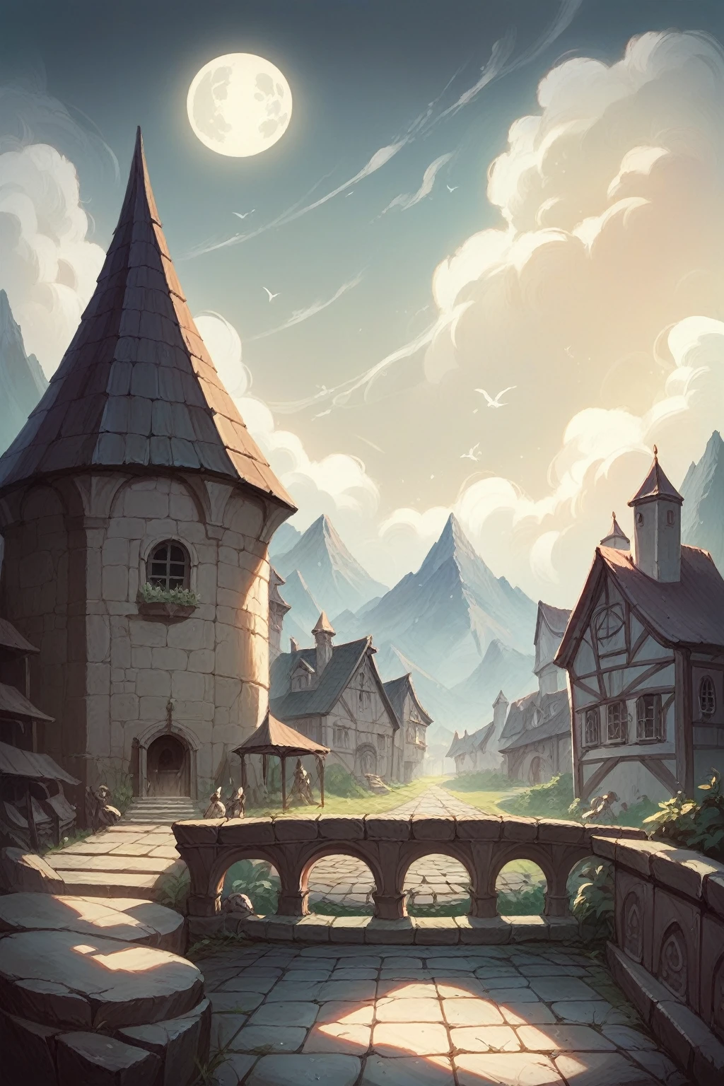 Port of a medieval town with caravels, wet stone, dramatic light, discreet, photorealistic, (stone pier) cinematic lighting, volumetric lighting, dark atmosphere, background with a mountain and a giant silver moon in the sky