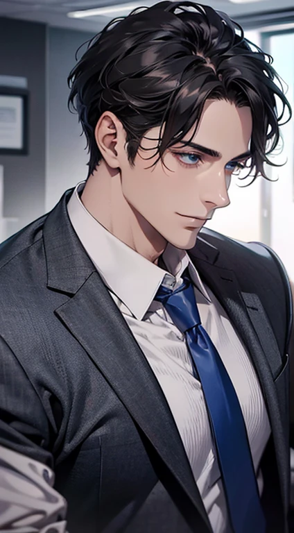 (Highest quality,4K,8K,High resolution,masterpiece:1.2),Super detailed,(Realistic,photoRealistic,photo-Realistic:1.37),1 personld,Mature Man,Beautiful skin、Profile、very handsome,Expressionless,smile,Short gray black hair,blue eyes,Sharp Eyes,A perfect face without a doubt,Businessman,Office Background,Cinema Lighting,HDR image,tie、