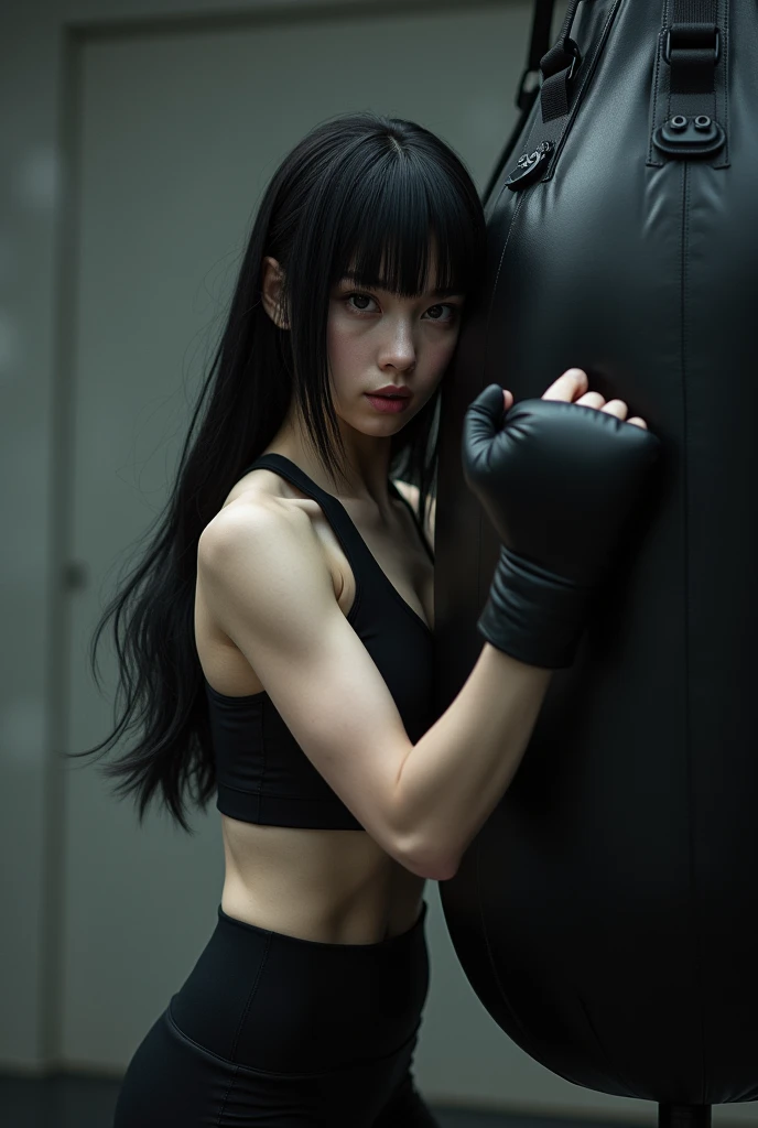 Black haired woman, white and intimidating eyes, pale white skin, black workout clothes. She is training box.