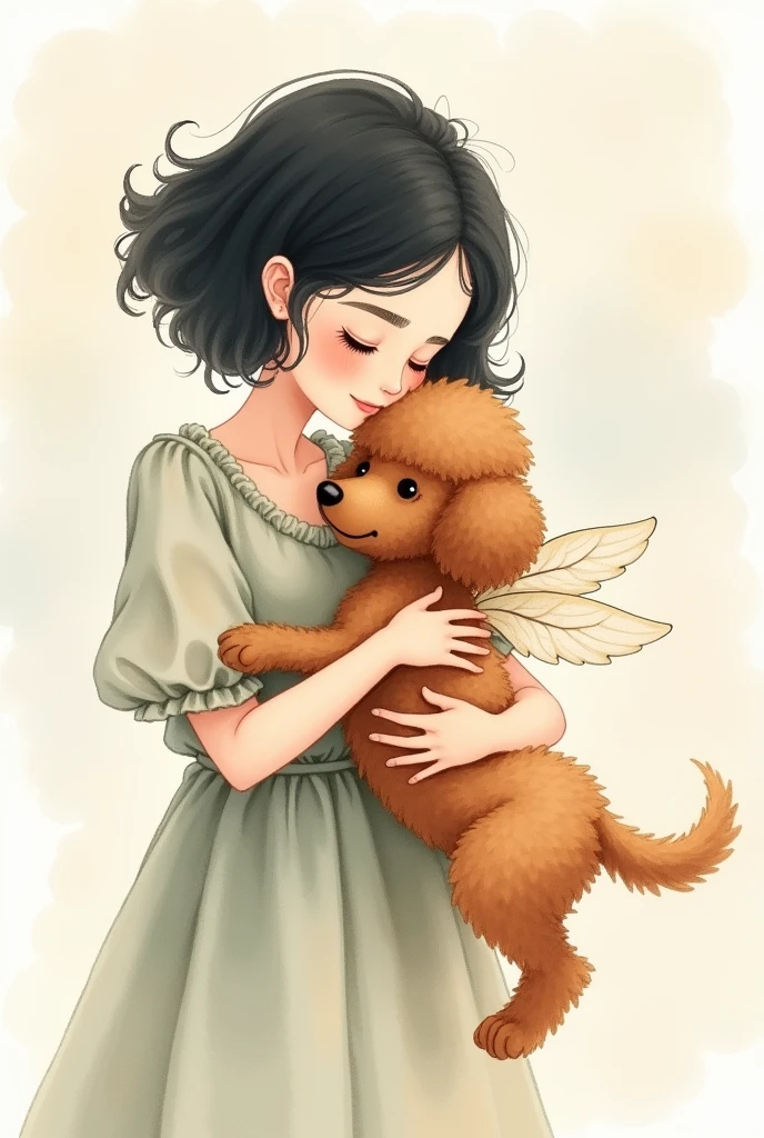 Watercolor drawing of an adult woman with white skin and short black hair hugging her little dog with angel wings, a brown poodle breed..