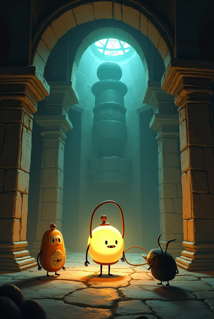 The interior of a temple with ancient and mysterious details, with an active trap in the background.
Main elements:
Lumi the Lantern: In the foreground, focusing the light towards the glass, with an expression of surprise and courage.
Tick the Pocket Watch: On the left, slowing down time, with its second hand extended.
Edge el Clip: In the lower right corner, in a quick movement, trying to take the glass.
Title: Located on the top, with letters in an antique or rustic style that reflect the atmosphere of the temple.