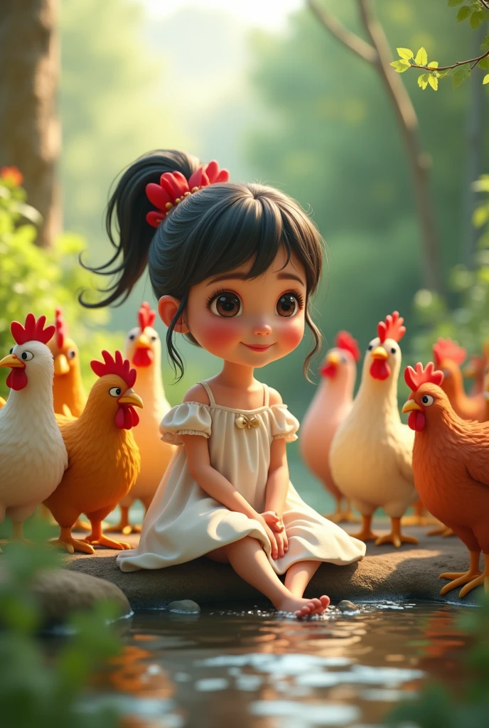 a in a white dress and a red ribbon in her hair sitting among several colorful chickens near a stream, 3D cartoon style, cinematic