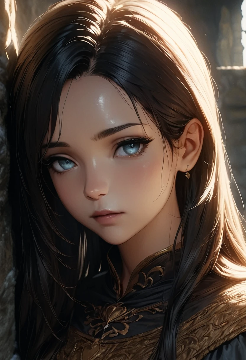a beautiful 1 queen seraphina nightshade, detailed portrait, straight black hair, fair skin, light eyes, cold gaze, medieval setting, cold atmosphere, grainy film, cinematic, film photography, masterpiece, 8k, photorealistic, highly detailed, dramatic lighting, chiaroscuro, renaissance painting, atmospheric, moody, ethereal