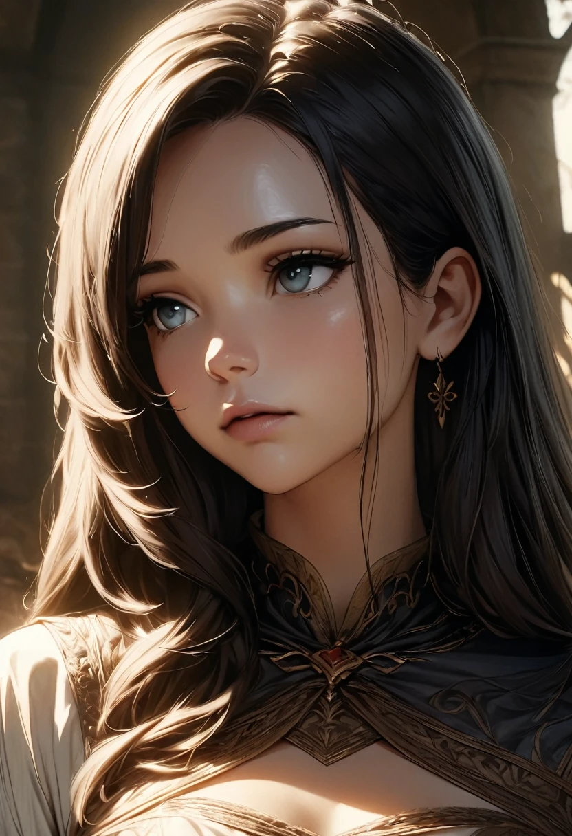 a beautiful 1 queen seraphina nightshade, detailed portrait, straight black hair, fair skin, light eyes, cold gaze, medieval setting, cold atmosphere, grainy film, cinematic, film photography, masterpiece, 8k, photorealistic, highly detailed, dramatic lighting, chiaroscuro, renaissance painting, atmospheric, moody, ethereal