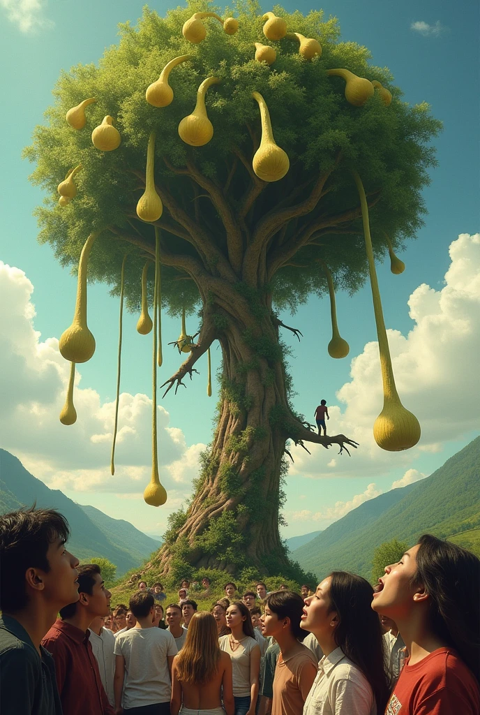 a tree, penis fruits, people below with their mouths open, staring overhead.