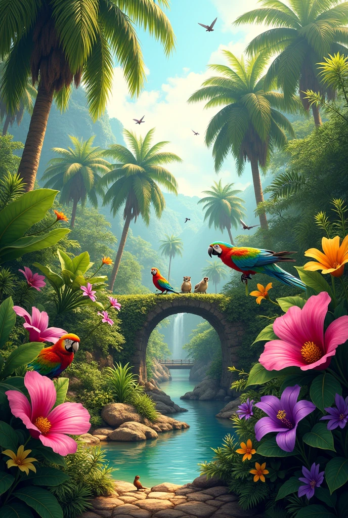 a garden with diffrent animals and beautiful tropical flowers with parrotts and birds