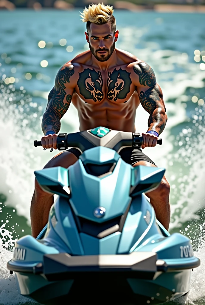 An 1 tattooed blond man on top of a jet ski posing