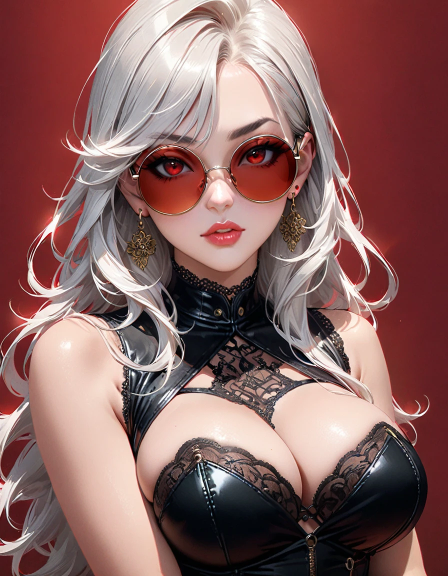 detailed textures, high quality, high resolution, high accuracy, Realism, color correction, correct lighting settings, harmonious composition. 1 girl in, Straightening clothes, bad girl, черные gloves, split, earrings, Glasses, gloves, Jewelry, lace, lace trim, Big breasts, lips, long hair, I look at the viewer, draw up, приоткрытые lips, red background, Red eyes, красные lips, round glasses, One, Sunglasses, tinted glasses, upper body, white hair--ar 3:4- Niji 6