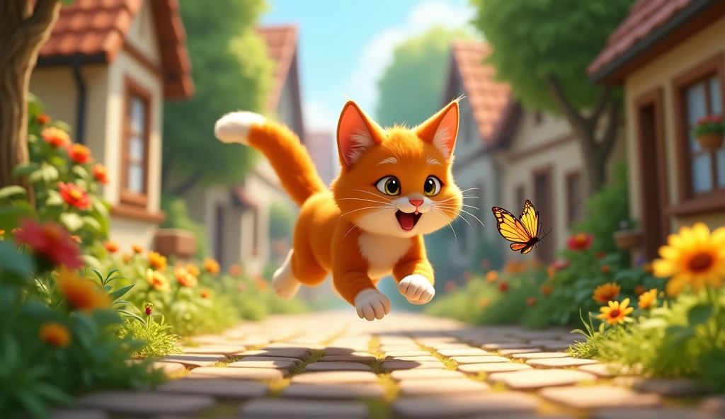 Create an image of Whiskers, a playful orange and white cat, in mid-chase as he tries to catch a colorful butterfly that is just out of reach. Whiskers should be leaping or stretching forward with a determined yet curious expression on his face. The butterfly should be vibrant and delicate, fluttering just ahead of Whiskers, creating a sense of motion.

The background can be a bright, sunlit village with a cobblestone path, a few flowers, and quaint houses. Add a few trees or bushes to frame the scene, giving it a warm, inviting feel. The overall atmosphere should be lively and playful, capturing the excitement of the chase and Whiskers' determination.