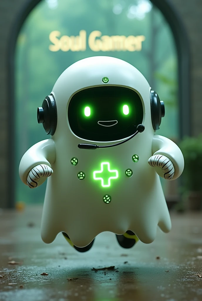 Create a medium-sized robot pet with a ghost-like appearance. With slightly rounded shapes resembling a drop. On your hands you have well defined fingers. His facial expression has large, green eyes with a glow, conveying a friendly and cheerful expression. He has a small open mouth with a happy smile and flushed cheeks.. Its body is white with small green details and a smooth, slightly shiny texture.. He has a headset on his head with an adjustable microphone positioned close to his mouth.. And on his chest you can see the illuminated shape of a Playstation 5 controller in fluorescent green.. It floats in the air, as if he were ready for an adventure. Behind the character you can see a portal and on it is written "Soul Gamer"