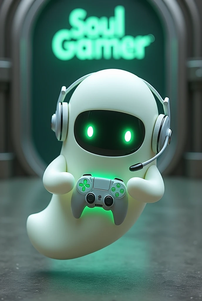 Create a medium-sized robot pet with a ghost-like appearance. With slightly rounded shapes resembling a drop. On your hands you have well defined fingers. His facial expression has large, green eyes with a glow, conveying a friendly and cheerful expression. He has a small open mouth with a happy smile and flushed cheeks.. Its body is white with small green details and a smooth, slightly shiny texture.. He has a headset on his head with an adjustable microphone positioned close to his mouth.. And on his chest you can see the illuminated shape of a Playstation 5 controller in fluorescent green.. It floats in the air, as if he were ready for an adventure. Behind the character you can see a portal and on it is written "Soul Gamer"