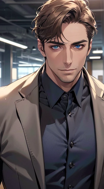 (best quality,4k,8k,highres,masterpiece:1.2),ultra-detailed,(realistic,photorealistic,photo-realistic:1.37),1 man,3,mature man,very handsome,without expression,smile,short grey brown hair,blue eyes,penetrating gaze,perfect face without errors,imposing posture,businessman,office background,cinematic lighting,hdr image