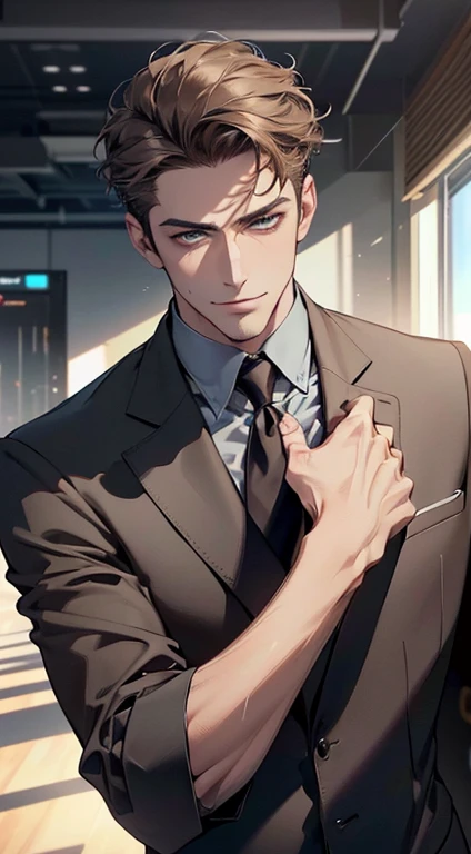 (best quality,4k,8k,highres,masterpiece:1.2),ultra-detailed,(realistic,photorealistic,photo-realistic:1.37),1 man,3,mature man,very handsome,without expression,smile,short grey brown hair,blue eyes,penetrating gaze,perfect face without errors,imposing posture,businessman,office background,cinematic lighting,hdr image