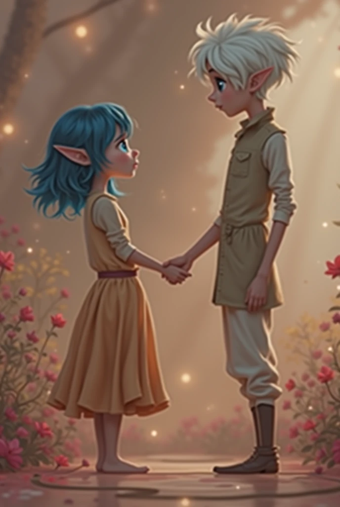 Girl with short blue hair and blue eyes and a handsome white-haired boy with blue eyes