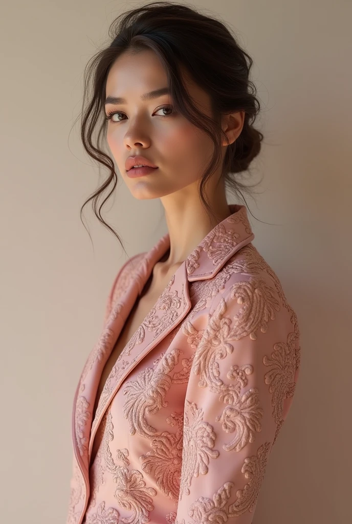 European woman model wearing a short skirt and short blouse set with the same fabric in baroque relief. thick fabric, Rosé color.