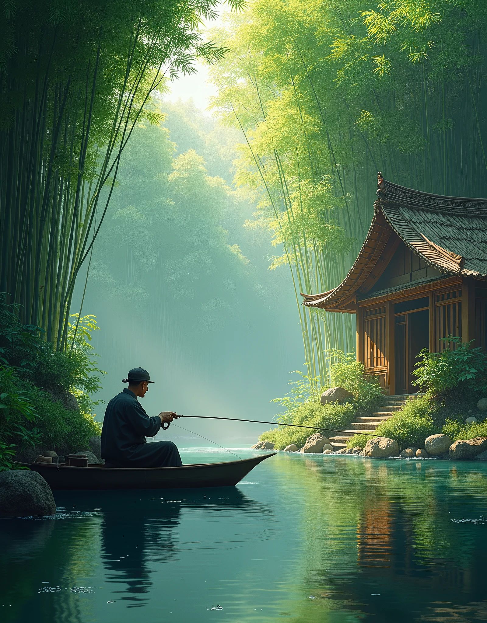 a lush bamboo forest, a tranquil stream running through, a rustic bamboo hut, a fisherman in a small boat, (best quality,4k,8k,highres,masterpiece:1.2),ultra-detailed,(realistic,photorealistic,photo-realistic:1.37),vibrant colors,natural lighting,serene atmosphere,stunning landscape,detailed foliage,reflections in water,traditional asian architecture,weathered bamboo textures,skilled fisherman pose