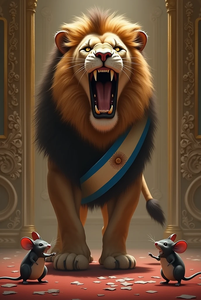 Lion with Argentine presidential sash shouting at mice