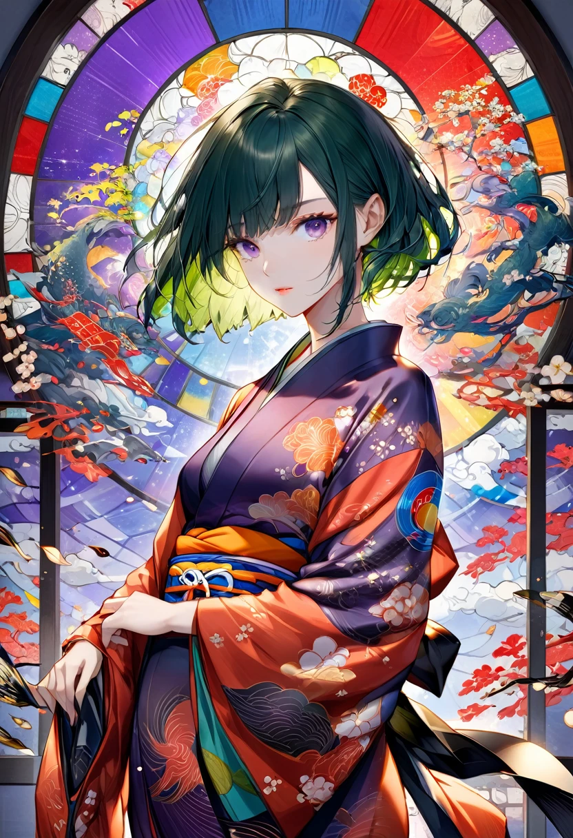 Ukiyo-e, Japanese painting, woodblock print, Beautiful woman, Wearing colorful open-necked kimonos, Background stained glass, Conceptual installation art, (Super detailed, The absolute solution, Highest quality:1.3), 2.5D, delicate and dynamic, artistic, Hyper, Graphics CG Digital Art、Green Hair、Purple Eyes、short hair、whole body、front、