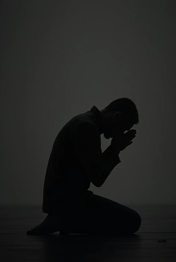 Silhouette of a man repenting from the back view, make him kneel more gloomy 