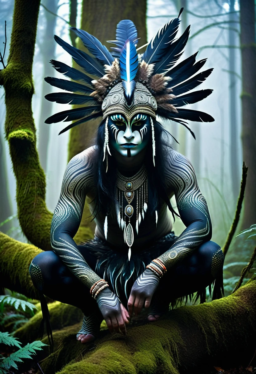 Generate a highly detailed and atmospheric scene of a mystical forest creature crouching in a misty woodland setting. The creature has an otherworldly appearance, with intricate body paint resembling cracked earth, and wears elaborate feathered adornments, including a headdress made of dark and light feathers. The creature's face is partially masked, with sharp, angular features and intense, almost haunting eyes. The environment around is dense with fog, with tall trees and a moody, ethereal ambiance, emphasizing the creature's connection to the mystical forest.