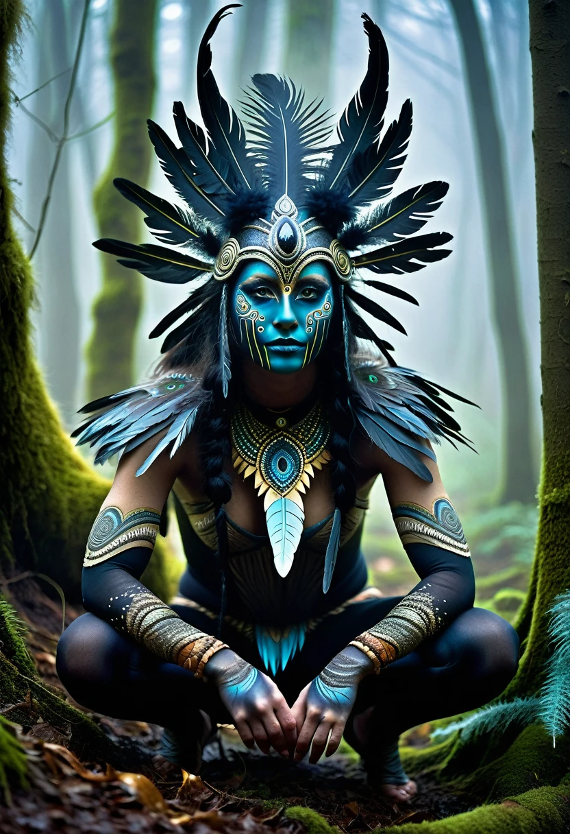 Generate a highly detailed and atmospheric scene of a mystical forest creature crouching in a misty woodland setting. The creature has an otherworldly appearance, with intricate body paint resembling cracked earth, and wears elaborate feathered adornments, including a headdress made of dark and light feathers. The creature's face is partially masked, with sharp, angular features and intense, almost haunting eyes. The environment around is dense with fog, with tall trees and a moody, ethereal ambiance, emphasizing the creature's connection to the mystical forest.