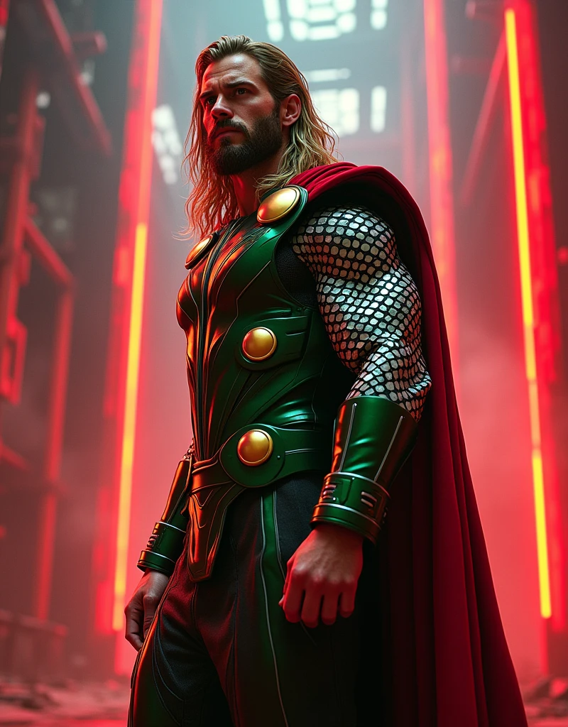 Thor in futuristic green golden glossy suit in neon red light cenematic background