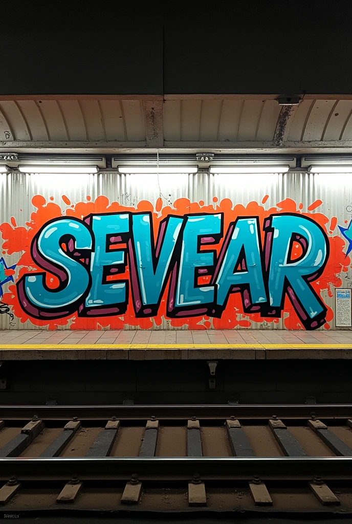 Génére une photos dun graffiti avec comme lettrage  ecrit sevear sur une rame de metro 