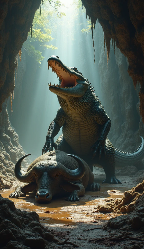 Saltwater Crocodile on a dead Cape Buffalo that it fought in a cave
