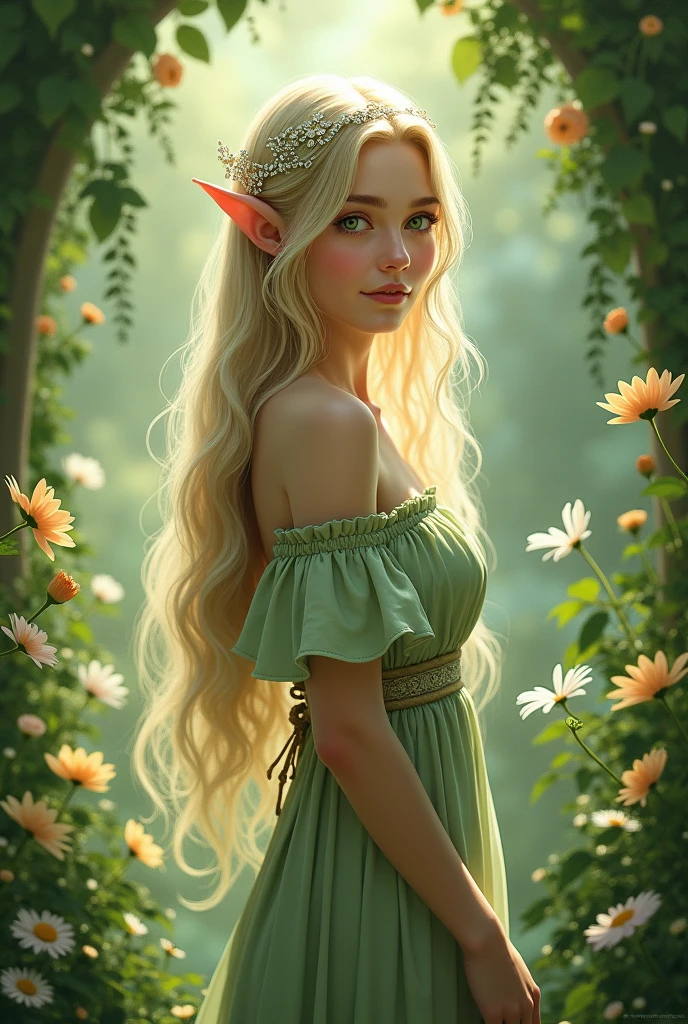 Beautiful young elf girl , in forest , gold hair, full body, around pink flowers, green dress, open chest, sleep, small ears