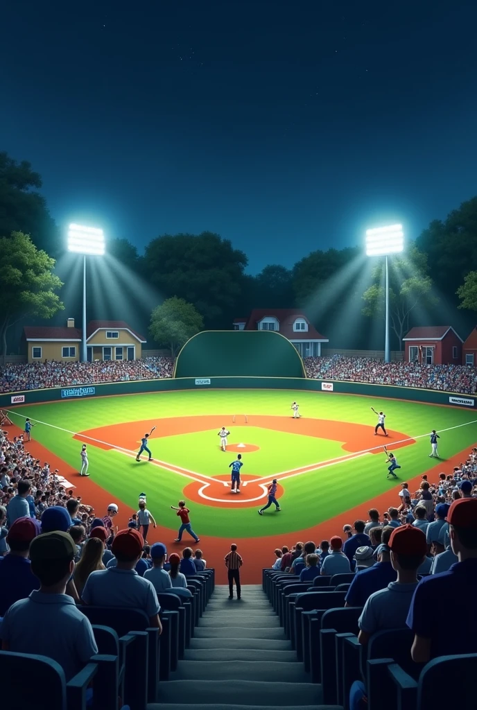 ((masterpiece, highest quality, Highest image quality, High resolution, photorealistic, Raw photo, 8K)) a little league baseball game, small field, night time, under lights, people on bleachers watching