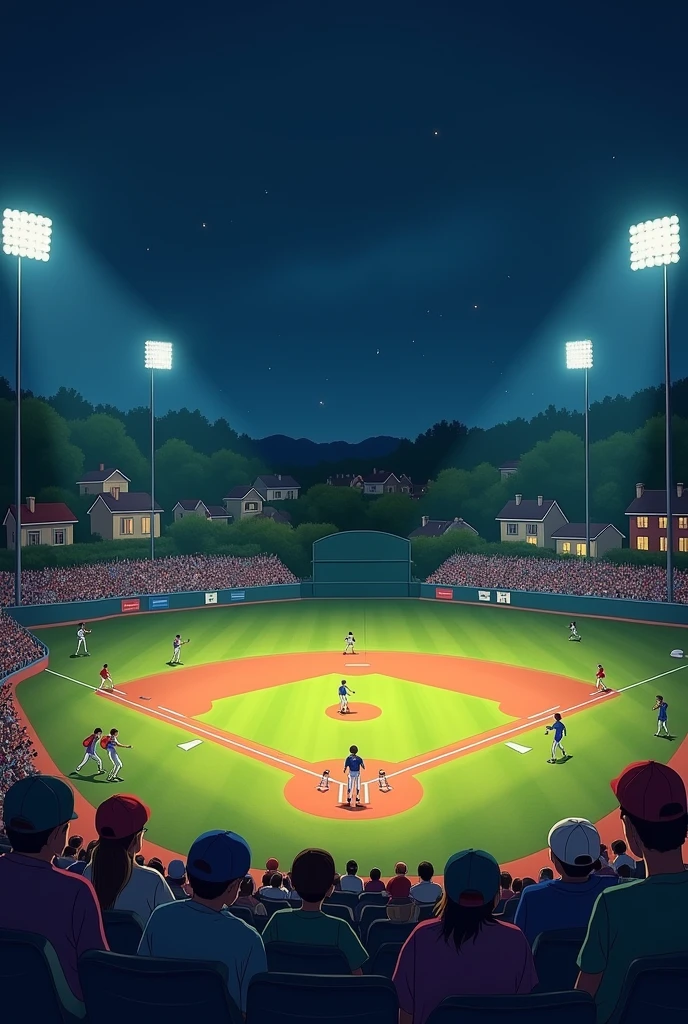 ((masterpiece, highest quality, Highest image quality, High resolution, photorealistic, Raw photo, 8K)) a little league baseball game, small field, night time, under lights, people on bleachers watching