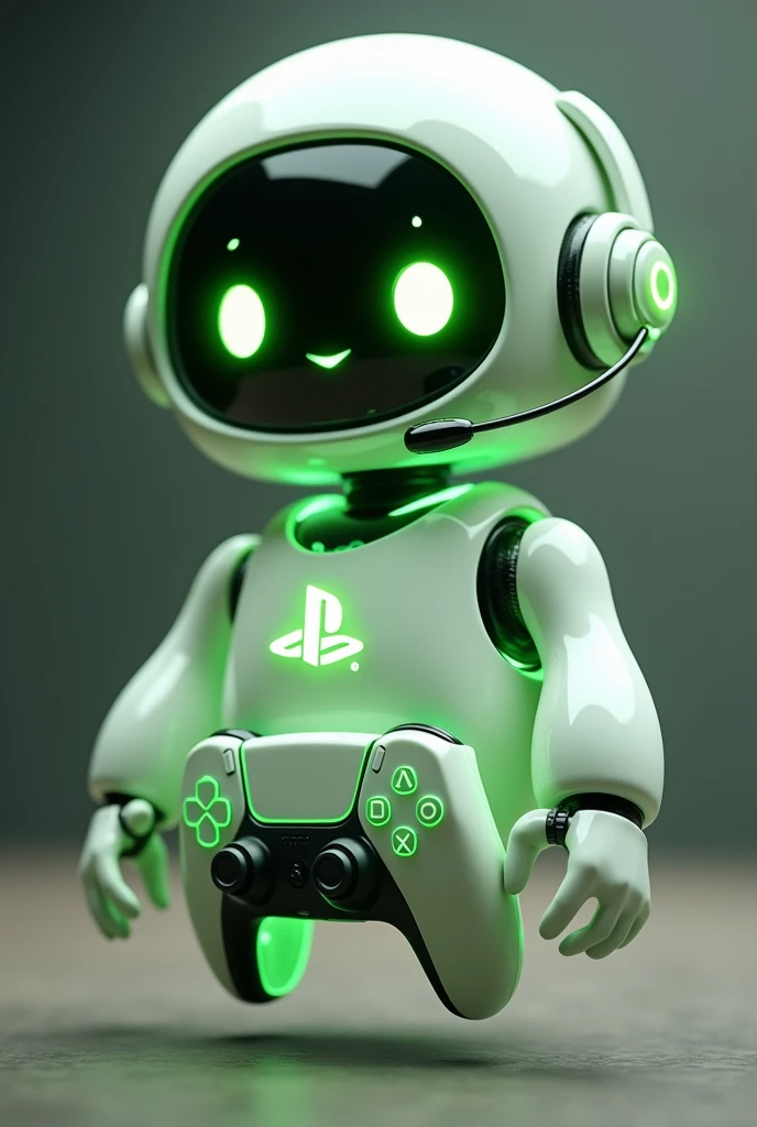 Create a medium-sized robot pet with a ghost-like appearance. With slightly rounded shapes resembling a drop. On your hands you have well defined fingers. His facial expression has large, green eyes with a glow, conveying a friendly and cheerful expression. He has a small open mouth with a happy smile and flushed cheeks.. Its body is white with small green details and a smooth, slightly shiny texture.. He has a headset on his head with an adjustable microphone positioned close to his mouth.. And on his chest you can see the illuminated shape of a Playstation 5 controller in fluorescent green.. It floats in the air, as if he were ready for an adventure. Behind the character you can see a portal and on it is written "Soul Gamer"
