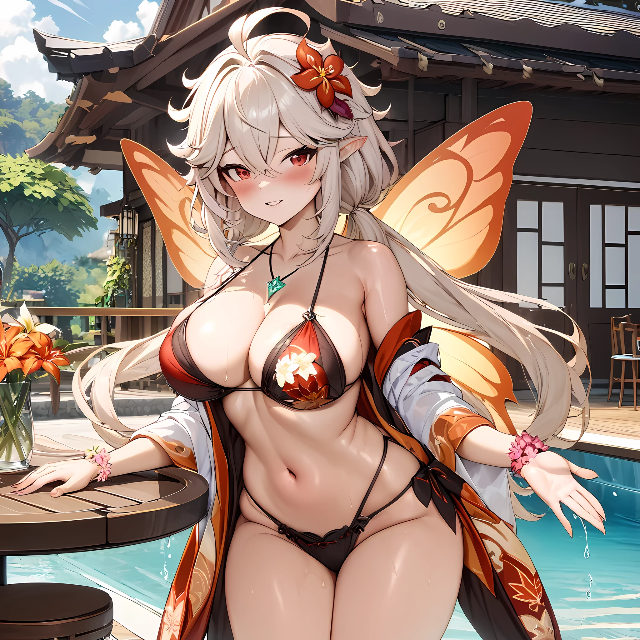(masterpiece), best quality, expressive eyes, perfect face,1girl,kaedehara kazuha,genshin impact,big breasts,pointy ears,poolside,standing,blush,beach resort,sexy pose,(bare shoulders),long hair,low twintails,flower bracelets,sexually aroused,seductive smile,mouth open,looking at viewer,wet,water,bare feet,hair flower,kimono,open clothes,open kimino,navel,pendant,sexy bikini,red bikini,beach cafe,table, busty breasts,cowboy shot,monster girl,fairy,(large fairy wings),wings on back,outstretched hand