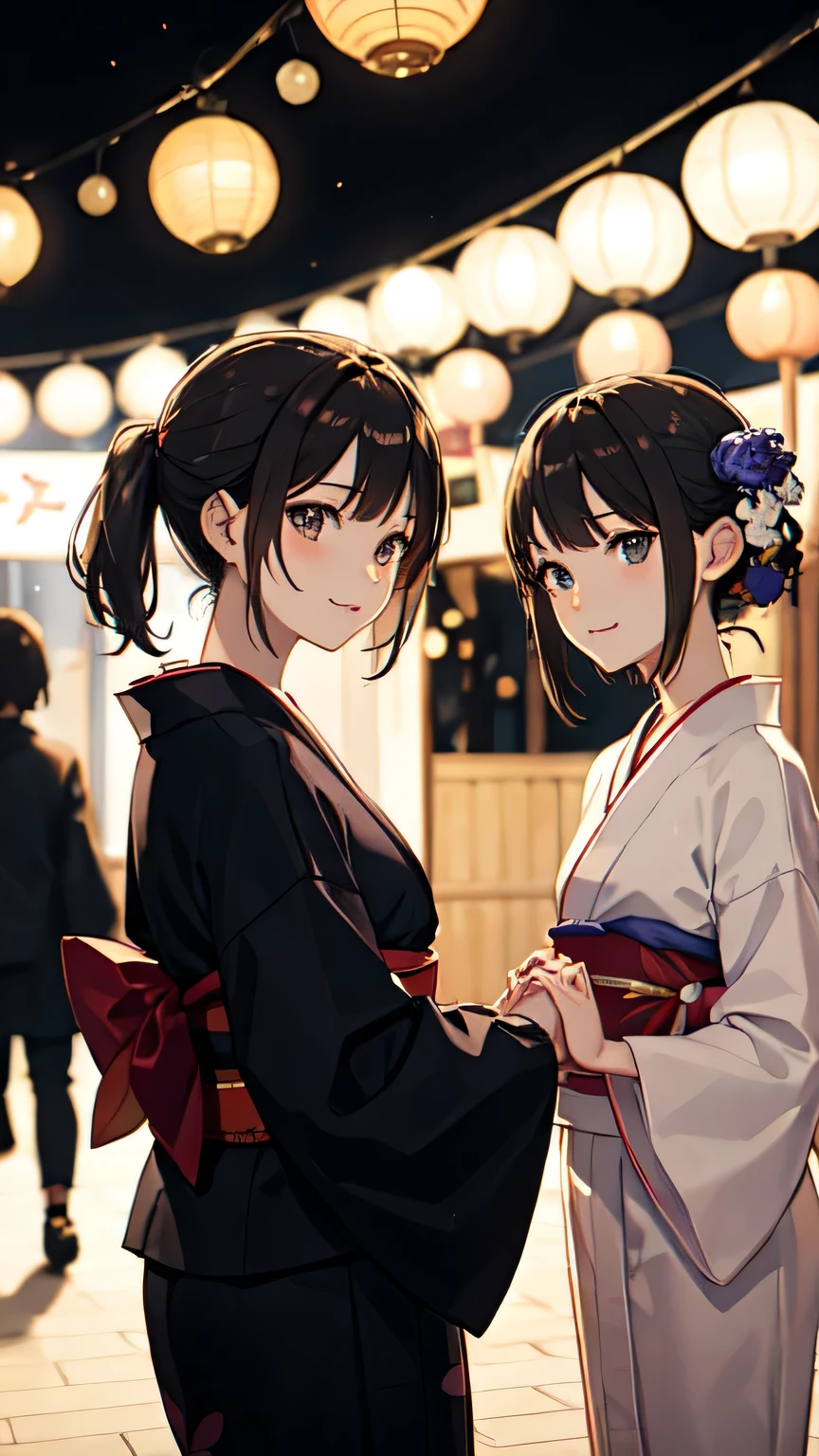 ((Highest quality)), ((masterpiece)), (detailed), One person, Almond Eye,night,You smile in your yukata as the festival lights flicker., We walk this road holding hands, A secret time just for the two of us,Close up of face

