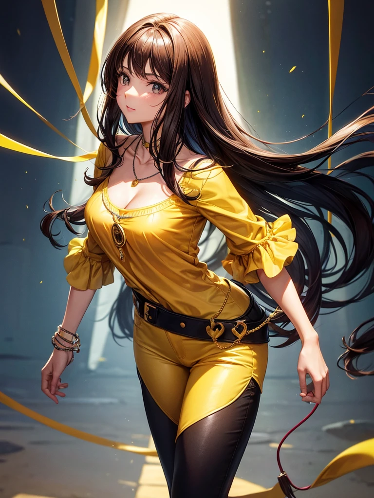 brunette girl, Latin American, 160cm tall, She is wearing a yellow blouse that is very tight to her body., with long black pants tight to his body, with a necklace that has a charm in the shape of an electrocardiogram, super straight hair, Brown eyes, without glasses, who likes literature and is a professor of this same area,
