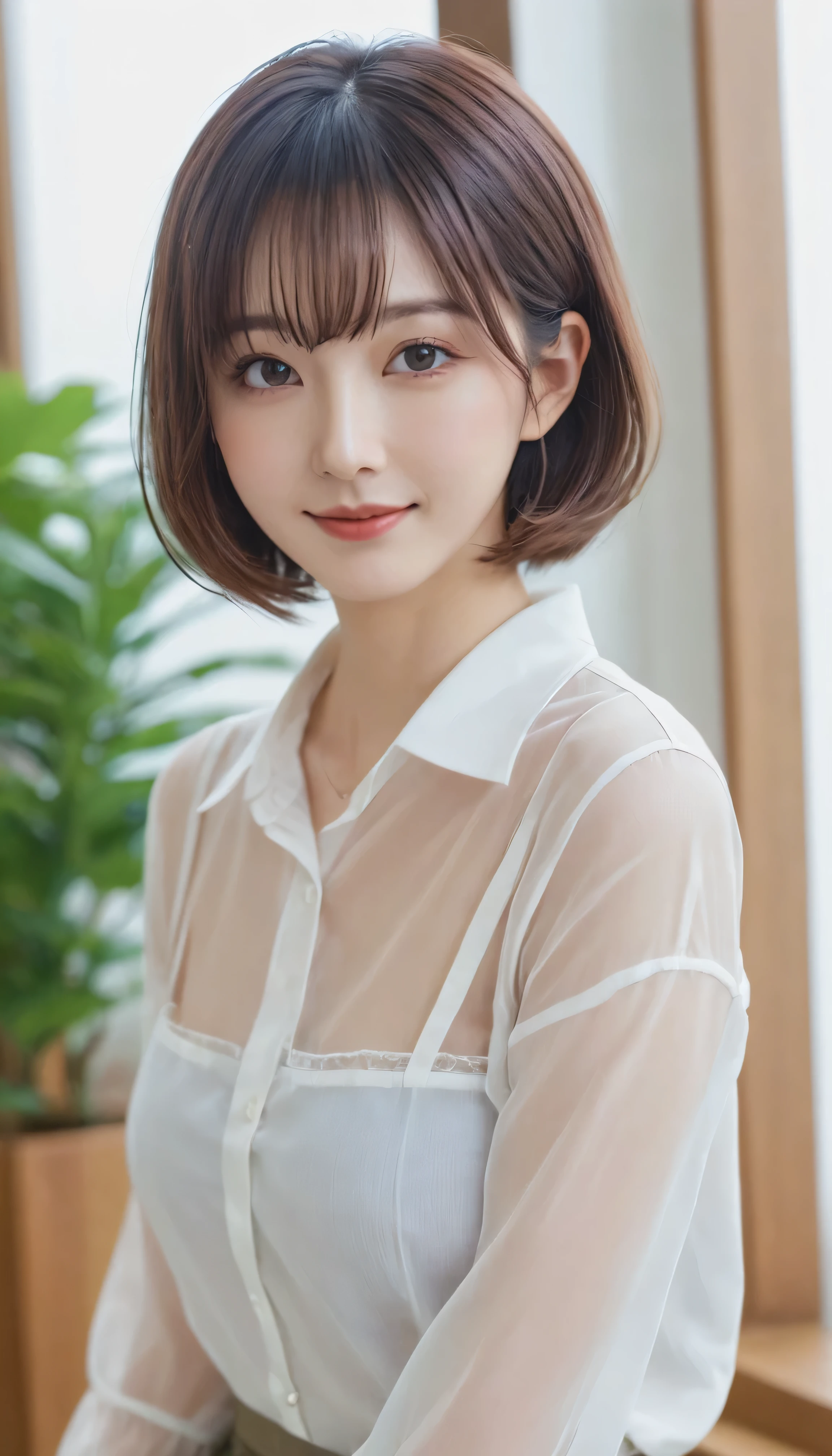 Tabletop, Highest quality, shape, Very detailed, finely, High resolution, 8k wallpaper, Perfect dynamic composition, Finely beautiful eyes,Jellyfish hair:0.5,Natural color lip, smile,2、cute、Looking into the camera、F cup、Brown Bob Hair、Sheer shirt、Upper Body