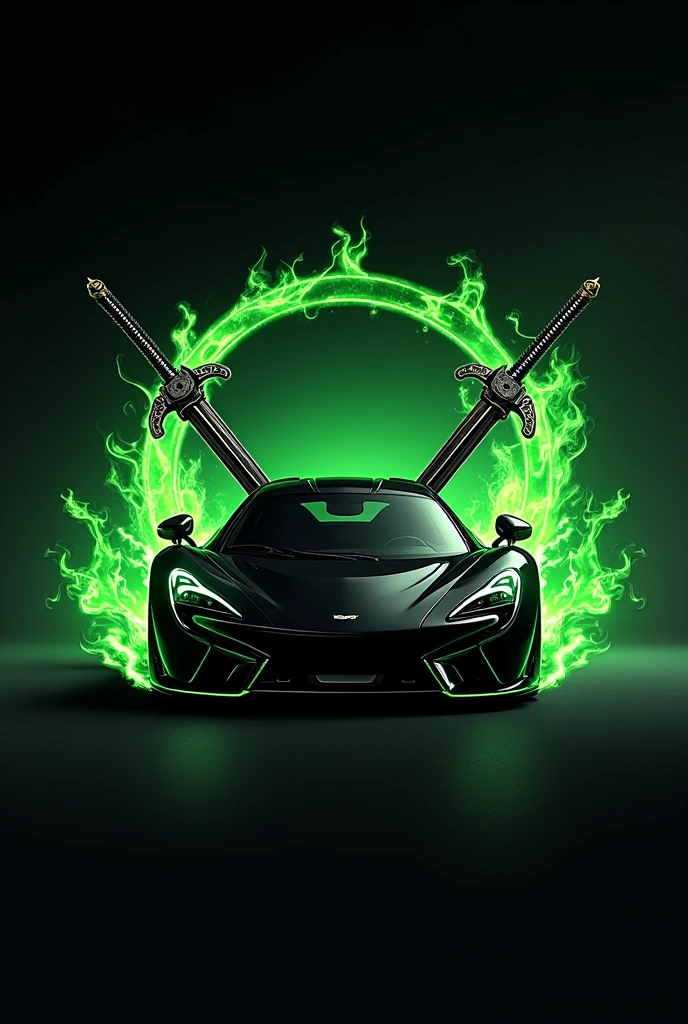 Create a modern logo with a black car and green flames with Zoro's swords with the name Castellanos 
