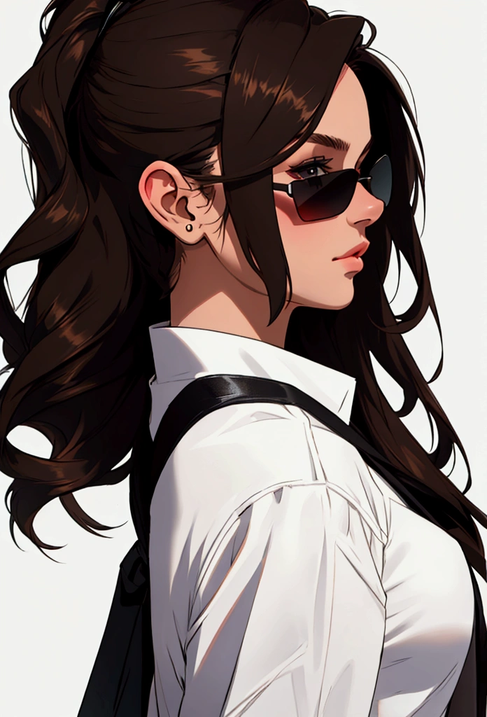 Create front profile of young woman with dark brown hair, to wear black sunglasses
