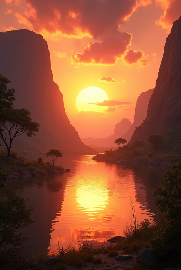 Stunning African wilderness landscape, beautiful sunrise over a tranquil lake, dramatic cinematic lighting, majestic rock formations, no animals or evil, breathtaking view, extreme detail, (best quality, 4k, 8k, high definition, masterpiece: 1.2), extreme detail, (realistic, realistic, photorealistic: 1.37), dramatic lighting, cinematic composition Pixar style close to the Lion King animation The land area is larger than the lake Trees and rocks Attention to precise theatrical perspective High quality on the scale of theatrical design Clear details