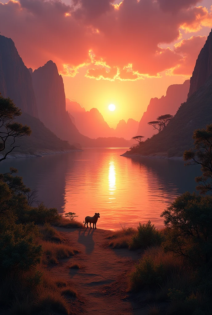 Stunning African wilderness landscape, beautiful sunrise over a tranquil lake, dramatic cinematic lighting, majestic rock formations, no animals or evil, breathtaking view, extreme detail, (best quality, 4k, 8k, high definition, masterpiece: 1.2), extreme detail, (realistic, realistic, photorealistic: 1.37), dramatic lighting, cinematic composition Pixar style close to the Lion King animation The land area is larger than the lake Trees and rocks Attention to precise theatrical perspective High quality on the scale of theatrical design Clear details