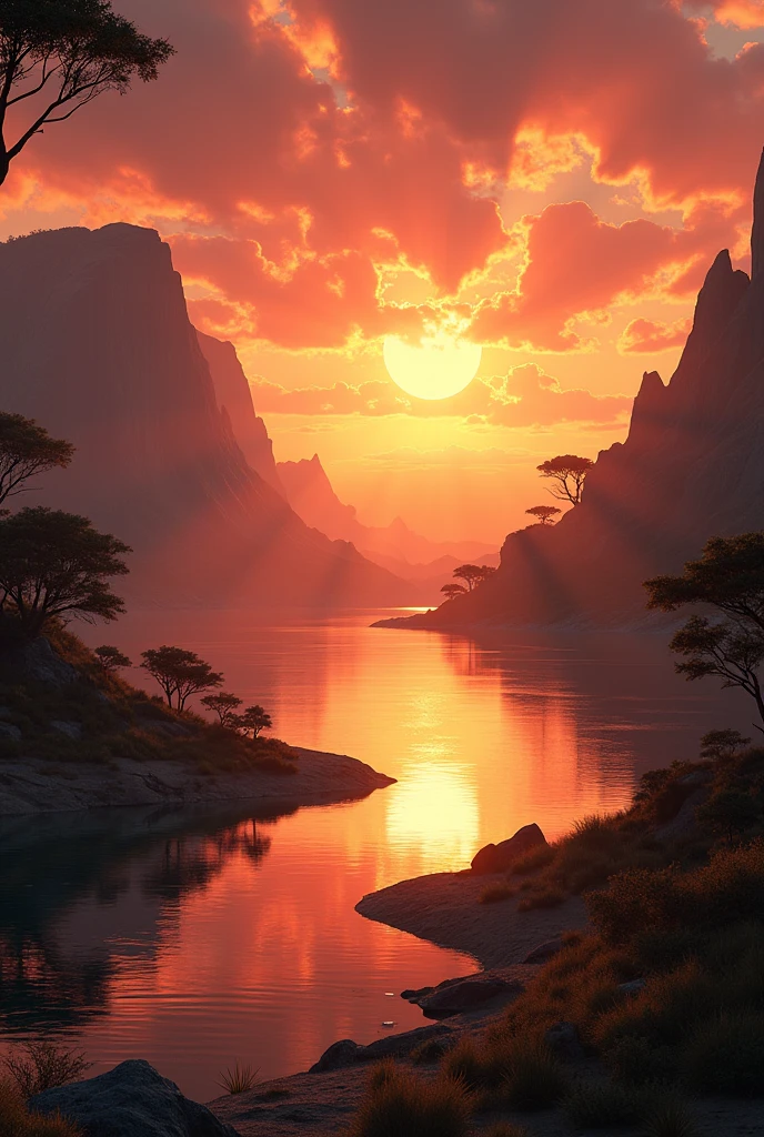 Stunning African wilderness landscape, beautiful sunrise over a tranquil lake, dramatic cinematic lighting, majestic rock formations, no animals or evil, breathtaking view, extreme detail, (best quality, 4k, 8k, high definition, masterpiece: 1.2), extreme detail, (realistic, realistic, photorealistic: 1.37), dramatic lighting, cinematic composition Pixar style close to the Lion King animation The land area is larger than the lake Trees and rocks Attention to precise theatrical perspective High quality on the scale of theatrical design Clear details
