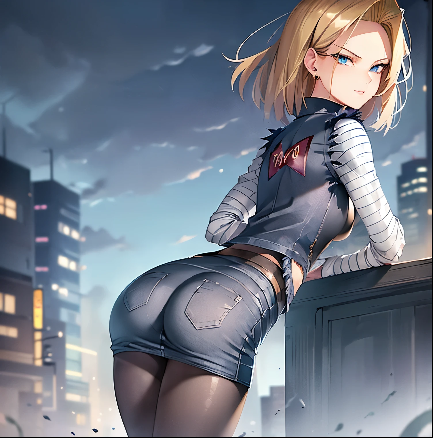 ((1girl)),((alone)), Android 18,\(dragon ball Z\),(masterpiece), (best quality), (ultra detailed), (best illustration), (best shadow), (absurdities ), sharp focus, cowboy shot, atmospheric perspective, depth of field, dynamic posture, ((looking at viewer)), big breasts, narrow waist, wide hips, wide thighs, round butt, erotic, romantic, (highly detailed eyes , lips 1.1), highly detailed eyes, eyes, Highly detailed face, Very beautiful face, Symmetrical face, Aesthetic face, perfect face, perfect eyes, detailed eyelashes: 1.5), full height, beautiful slim figure, femininity, expressive appearance, breasts big elastics, sexuality, parted lips,(( blonde hair)),((short hair:1.3)),((blue eyes)), earrings, jewelry, ((denim vest:1.4)), ((open vest) ), ((black pantyhose:1.3)), ((black shirt:1.4)),((tight shirt)), ((neckline:1.3)),((denim skirt:1.4)),((short skirt) ), ((striped long sleeves:1.4)),((white sleeves with blue stripes:1.3)),curves, defined body,Perfect and beautiful body, perfect and beautiful, closed mouth, mocking smile, serious expression,(pose sexy: 1.2), ((solo)), standing: 1.3,((outdoor, cityscape, city, streets, clouds, clear sky, night, city lights)), Looking back, from behind, ((focus in the ass:1.4)), point of view: (from below), perfect anatomy, perfect hands