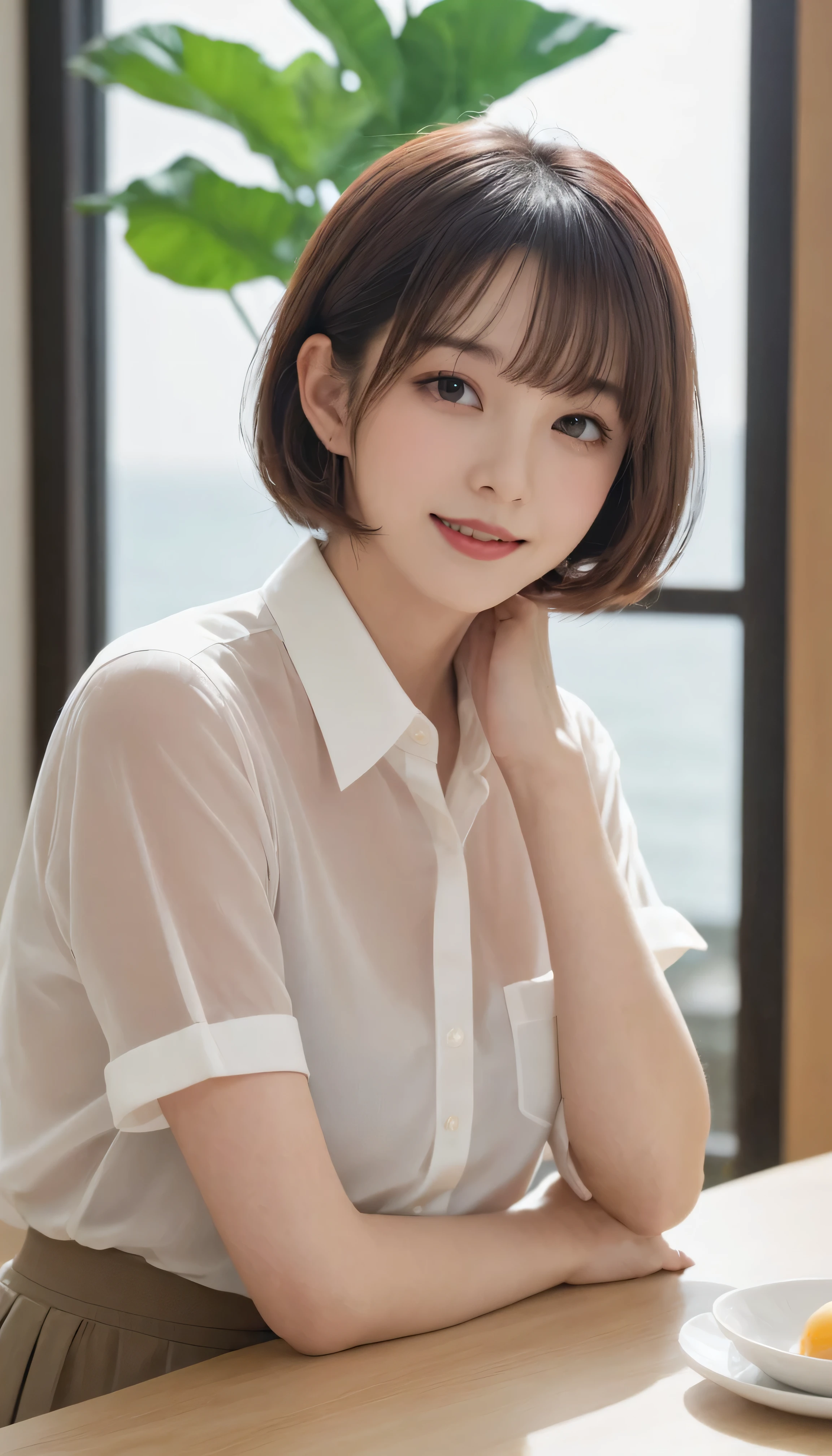 Tabletop, Highest quality, shape, Very detailed, finely, High resolution, 8k wallpaper, Perfect dynamic composition, Finely beautiful eyes,Jellyfish hair:0.5,Natural color lip, smile,2、cute、Looking into the camera、F cup、Brown Bob Hair、Sheer shirt、Upper Body