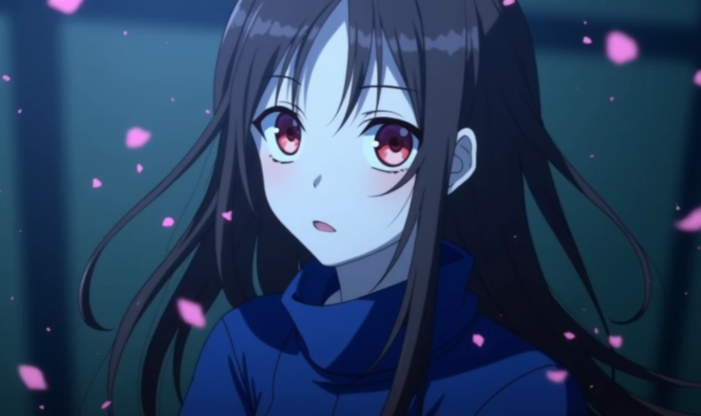 masterpiece, best quality, perfect features, intricate details, ray tracing, looking at viewer, outdoors, street, cherry blossoms, petals, depth of field, sharingan, long brown hair