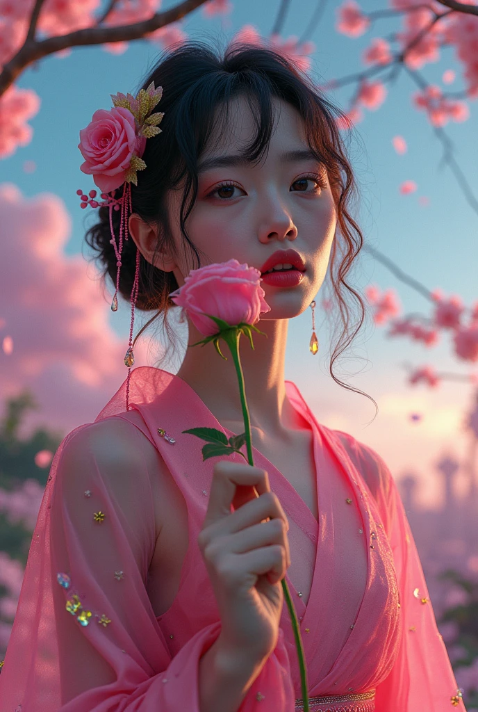 Sexy kimono v-neck Japanese girl biting a rose、(Fluorescent Color:1.4)、(translucent:1.4)、(Retro filter:1.4)、(fantasy:1.4)、Candy world Disneyland Fantasy fluffy soft scenery forest snow avatar Pastel pink sky green blue glow Dreamy light Pastel soft glow Rainbow stars Diamond glitter Gemstone background Ultra realistic ultra high quality movie lighting Huge details Full HD Full light、